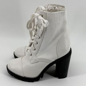 BCBGeneration Pilas White Lace Up Side Zip Lug Sole Block Heel Boots Size 5M Y2K